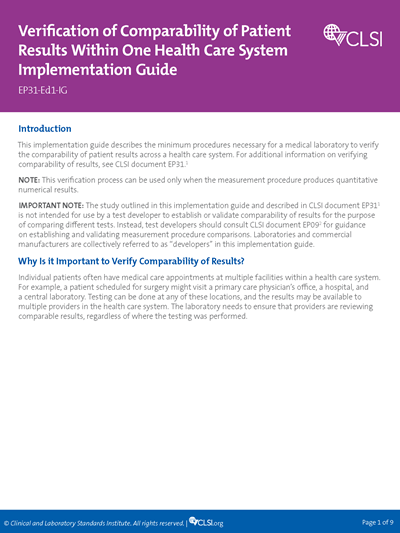 Verification of Comparability of Patient Results Within One Health Care System Implementation Guide, 1st Edition
