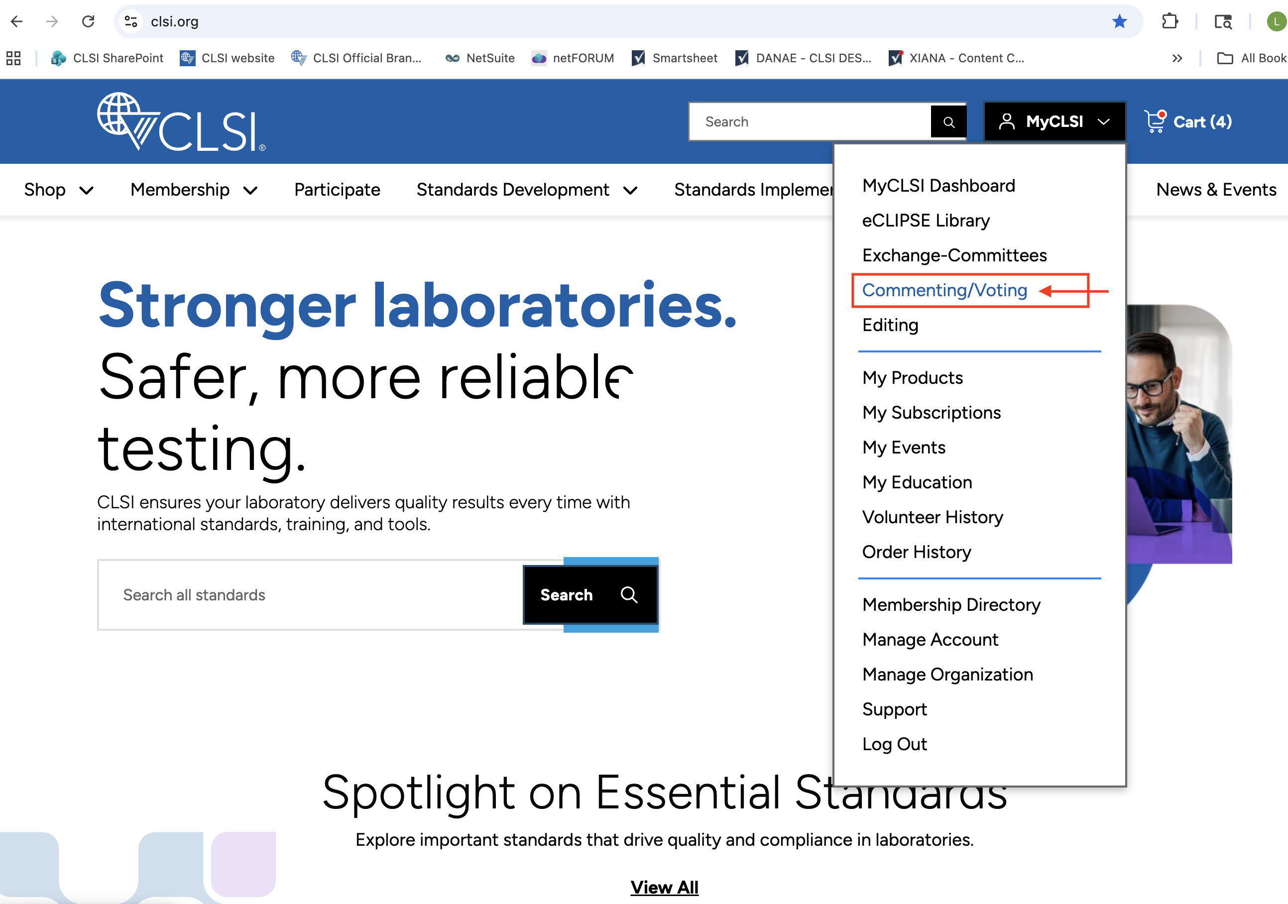 Screenshot of MyCLSI Drop-down Menu